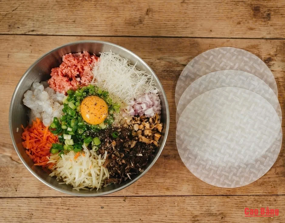Nguyên liệu làm nem được sơ chế, chuẩn bị kỹ trước khi chế biến.