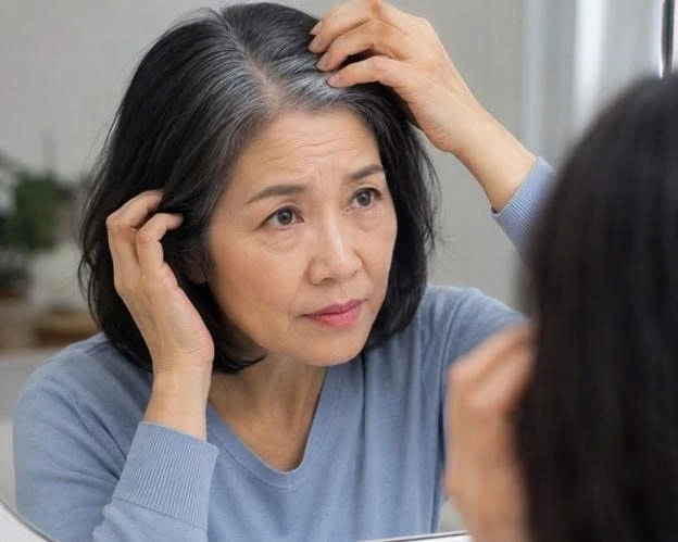 Mái tóc điểm bạc là dấu hiệu tự nhiên của quá trình lão hóa ở độ tuổi trung niên.