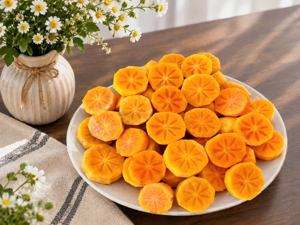 Hồng ngâm được cắt thành từng miếng, phần thịt quả vàng đẹp mắt, giòn ngọt, thanh mát.